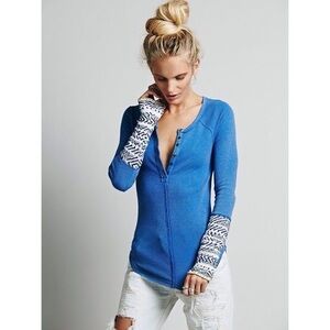 Free People Waffle Knit Alpine Cuff Thermal Top Blue Medium M Boho